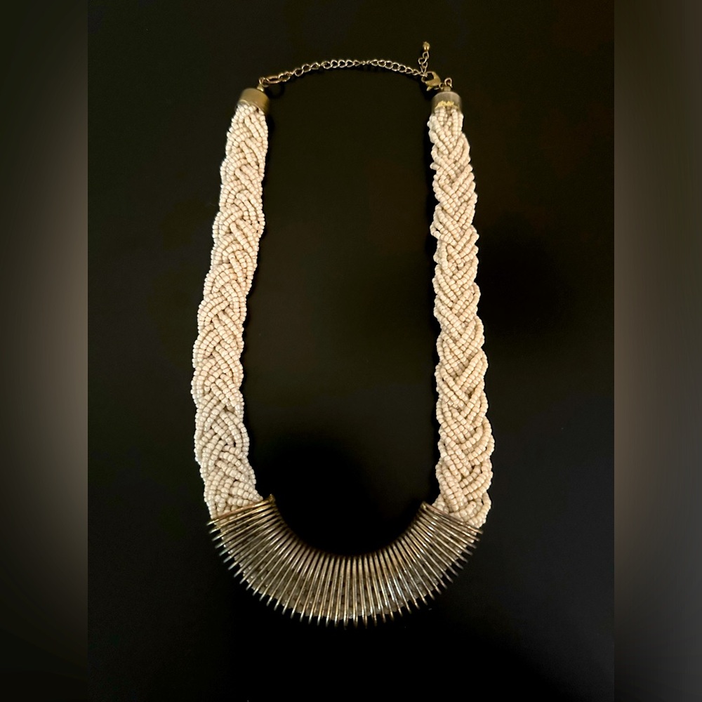 Cream Bead Braided Necklace with Gold Accents